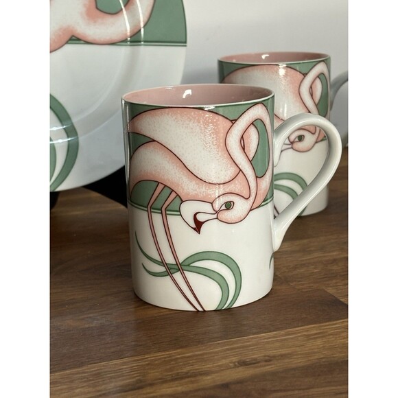 Rare Vintage Fitz & Floyd MCM Flamingo Road Porcelain Dessert Plates Mugs Set 4 - Picture 4 of 7